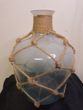Coastal Blue Glass Bottle Vase with Natural Rope Netting